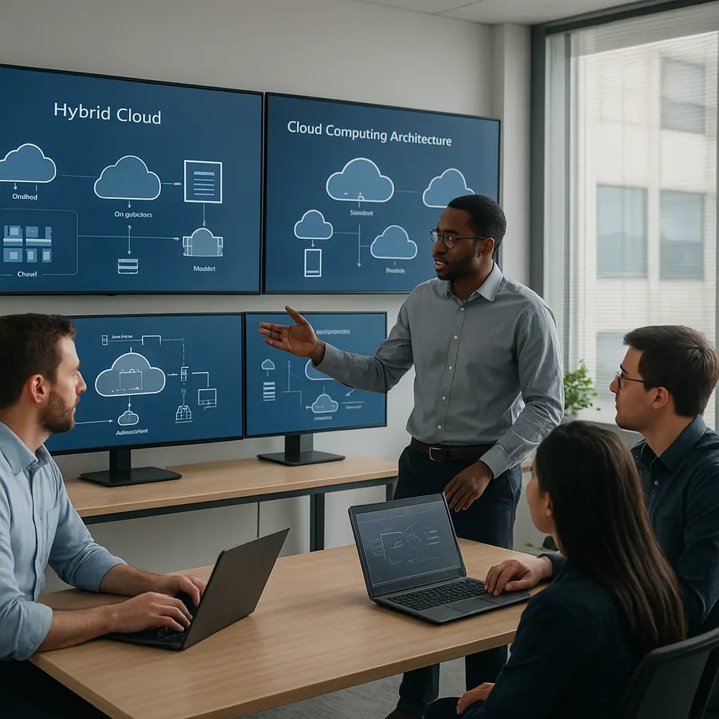 Arquitectura cloud híbrida empresarial en oficinas modernas