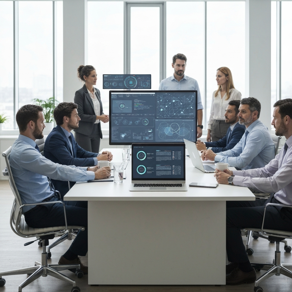 Profesionales analizando datos con IA para la implementación estratégica de IA empresarial.