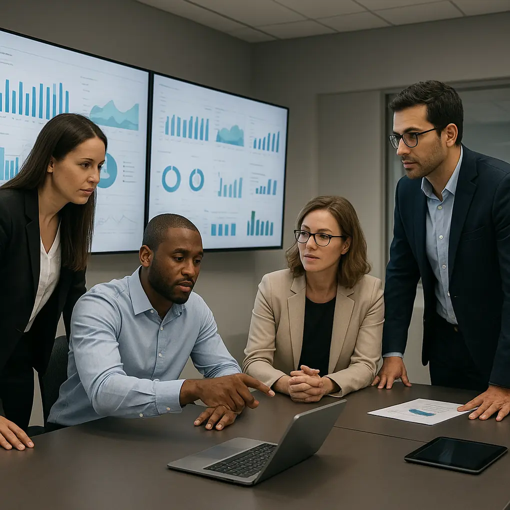 Equipo de TI revisando paneles de resiliencia operativa digital en una sala de control