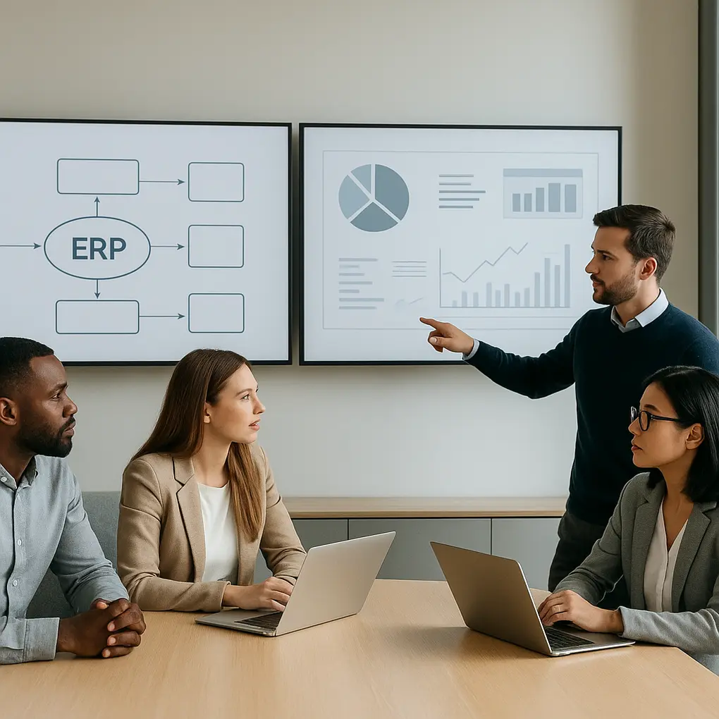 Equipo de TI revisando arquitectura y gobierno de SAP RISE con S/4HANA en pantallas de oficina