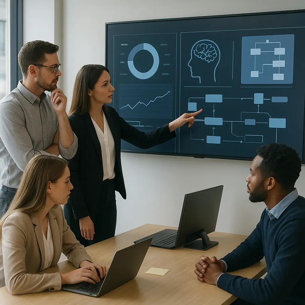 Gobierno de IA generativa en entorno corporativo con equipos y pantallas