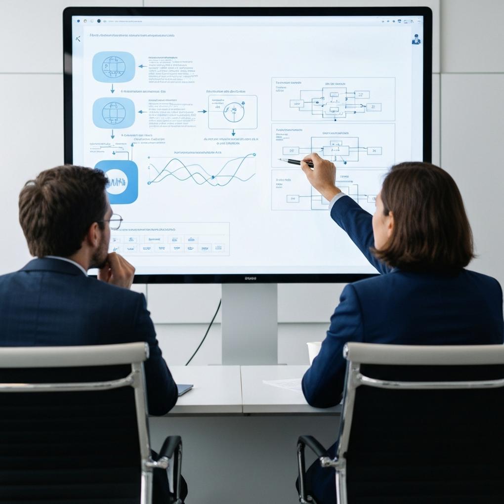 Profesionales revisando diagramas y esquemas de arquitectura inteligencia artificial empresarial en una sala de reuniones.