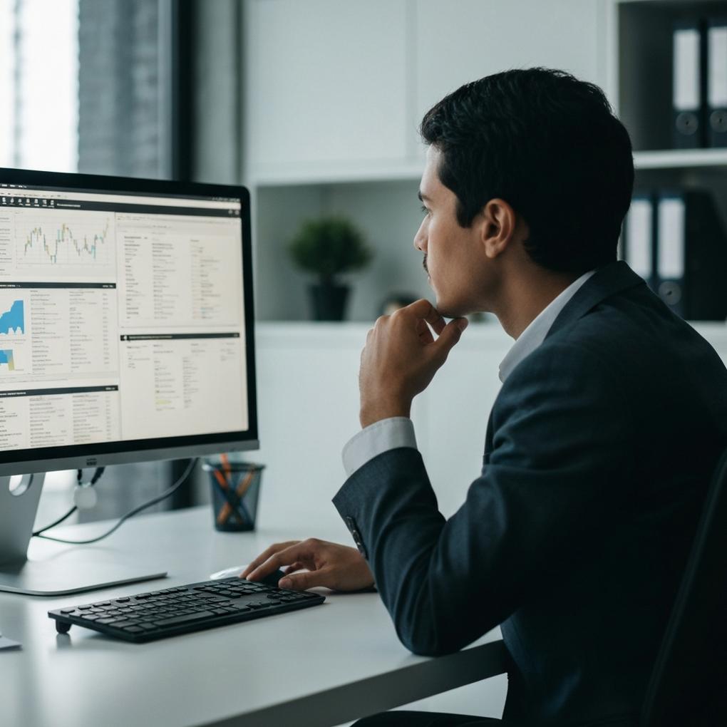 Profesional reflexionando sobre el valor de negocio IA empresarial en un entorno de oficina moderno con pantallas de datos.