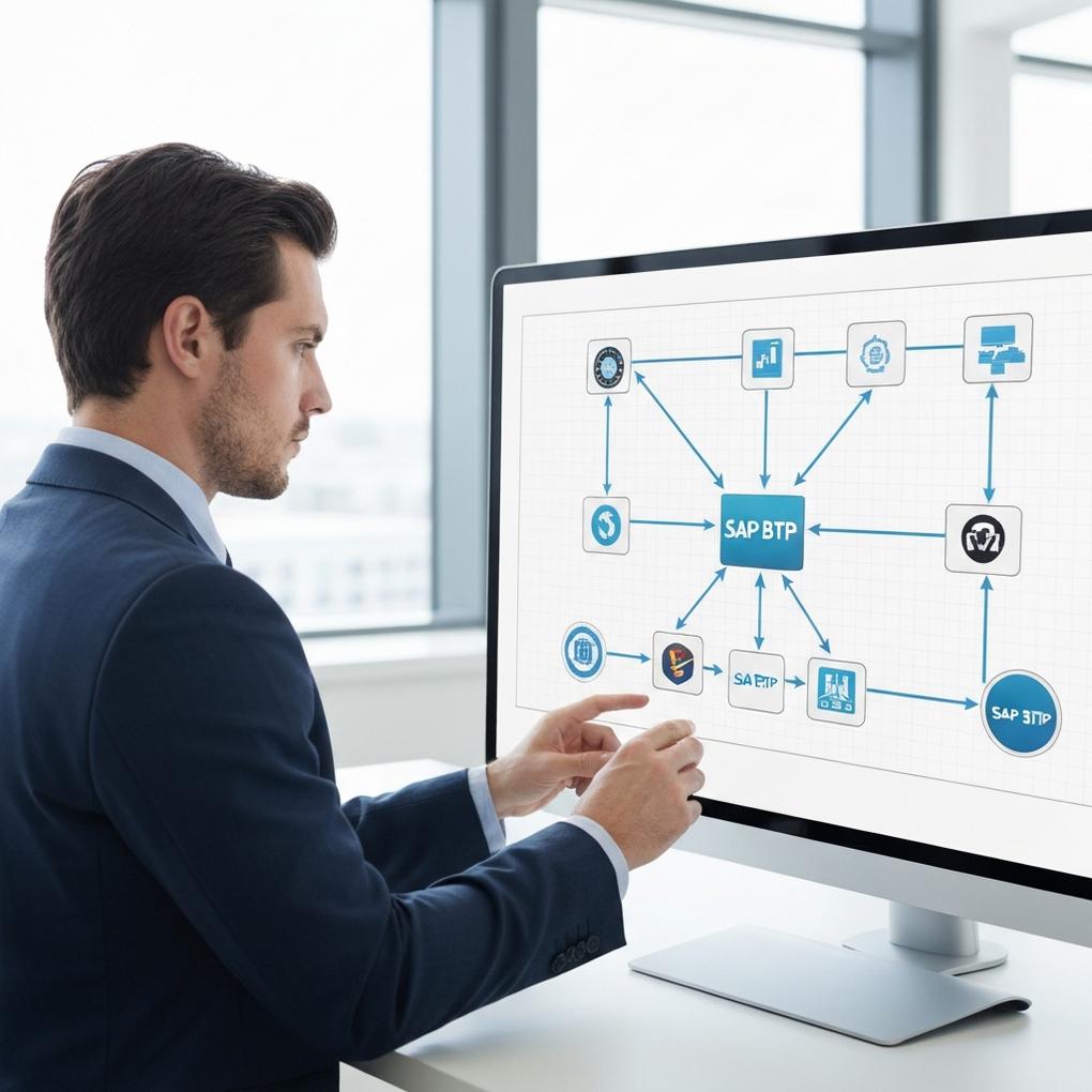 Profesional revisando diagramas complejos de arquitectura para SAP BTP integración multi-vendor en un ecosistema híbrido.