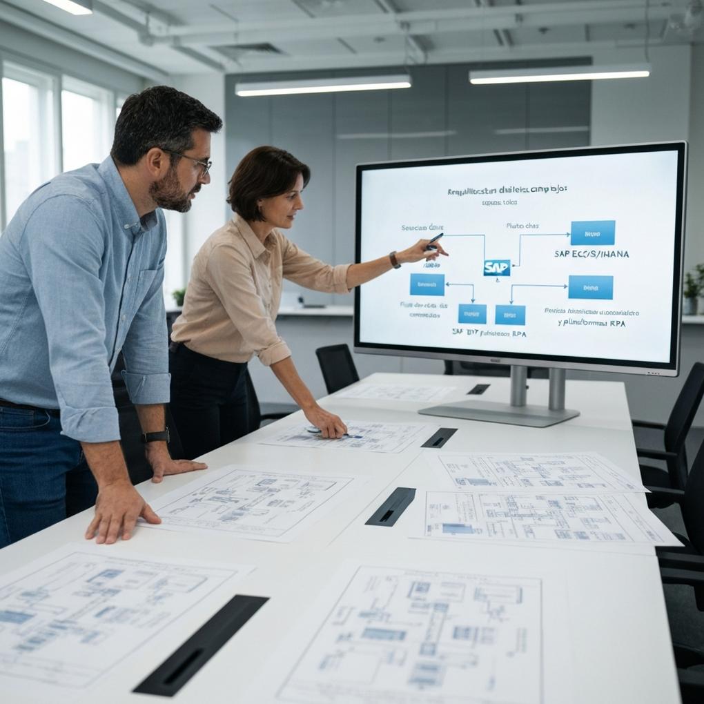 Profesionales revisando un diagrama de arquitectura para una integración RPA SAP segura