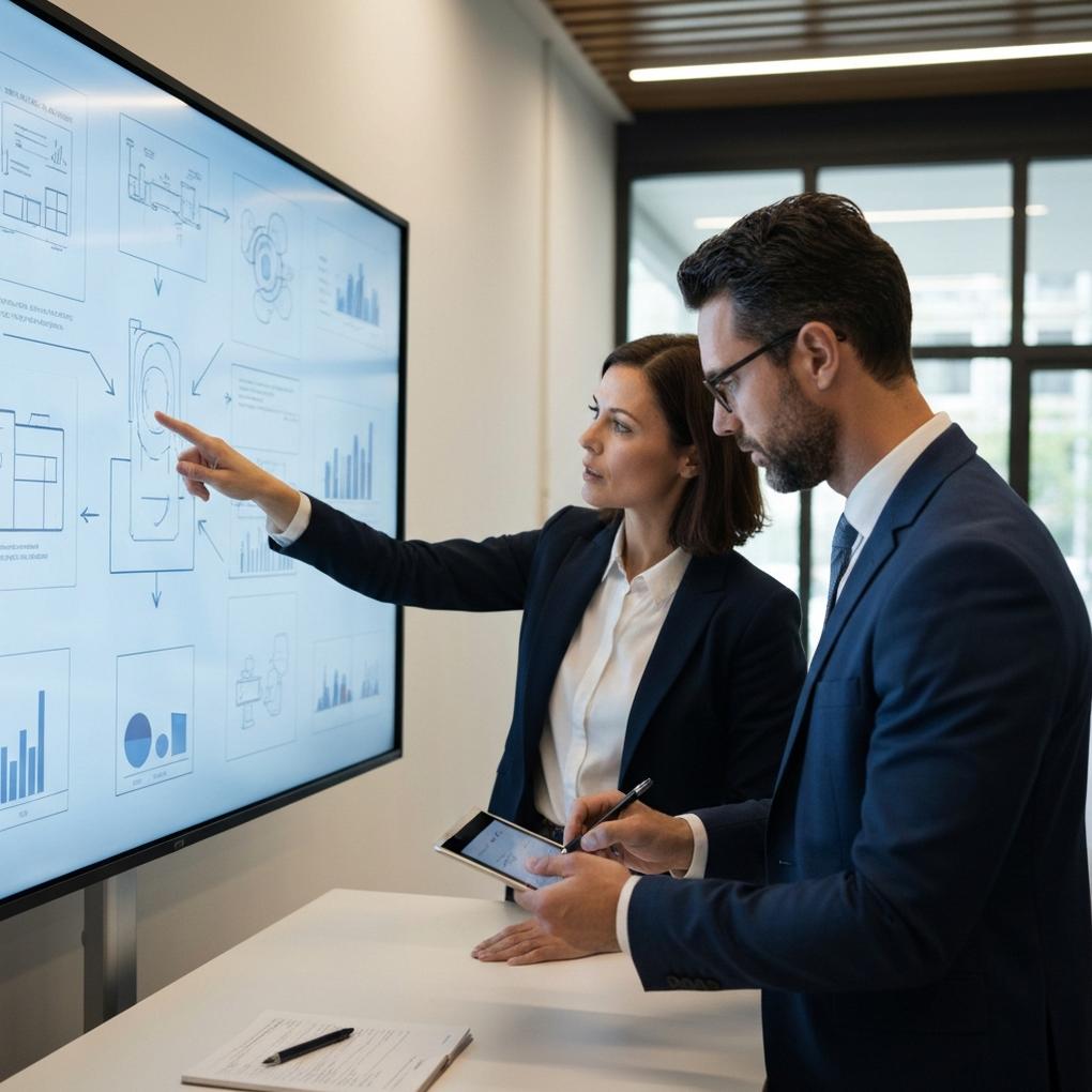 Profesional de tecnología facilitando una sesión de gestión del cambio IA exitosa con un equipo diverso en un entorno de oficina moderno.
