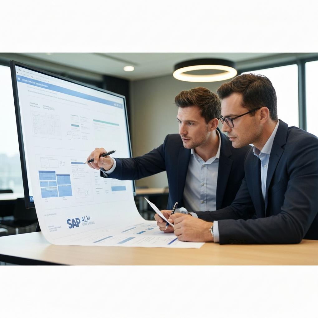 Profesionales analizando el flujo de SAP ALM control sistema SAP en pantallas y diagramas de arquitectura.